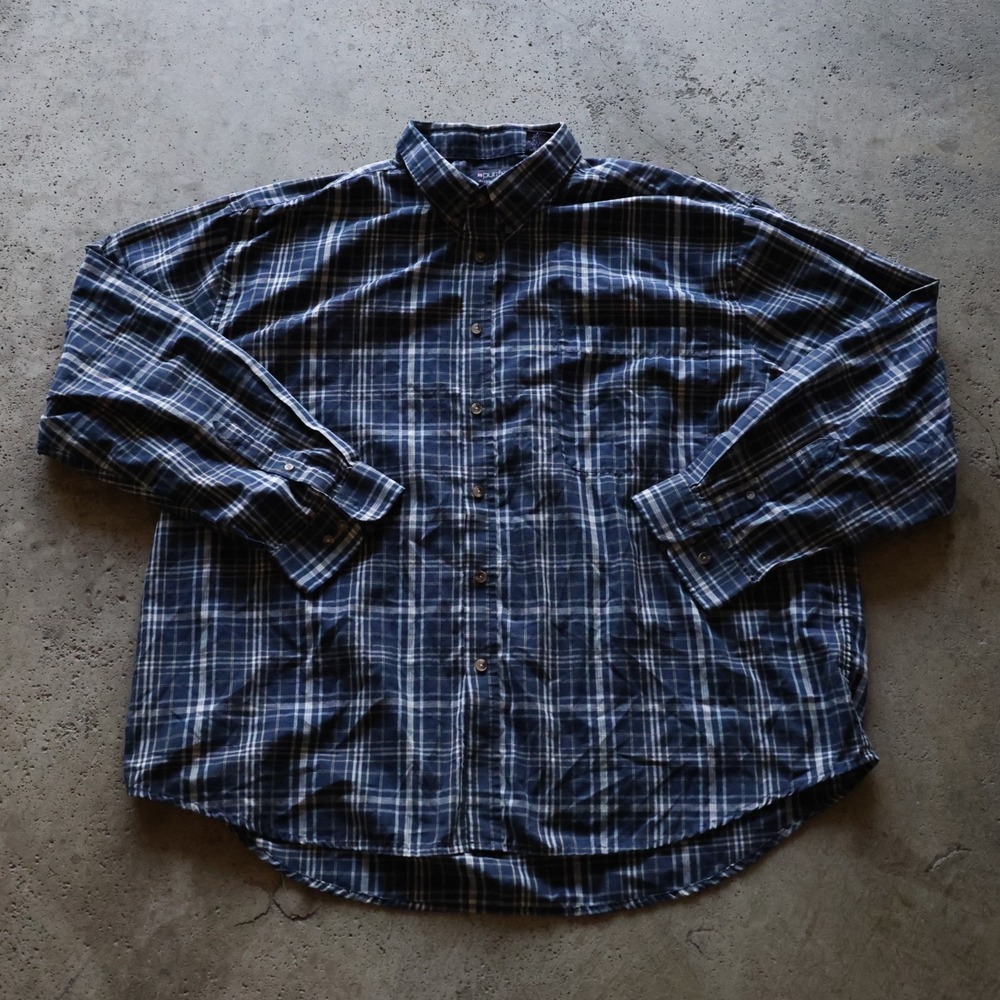 Puritan Wrinkle Resistant Button Up Shirt Size 2XL Navy Blue Plaid Long Sleeve